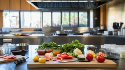 A serene cooking classroom with chef's tools and fresh ingredients, Culinary tools and kitchen stations arranged for a cooking class, Gourmet kitchen style