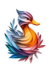 Obraz premium A multicolored paper art duck, isolate on white background, with intricate layers and playful textures. cutout png