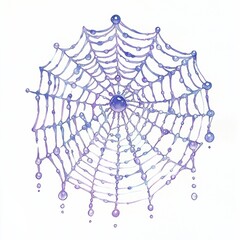 Obraz premium watercolor painting of a creepy spider web adorned with glistening dew drops in the moonlight, on isolated white background