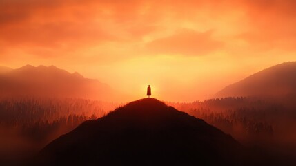 Fototapeta premium silhouette figure standing on mountain peak at sunset
