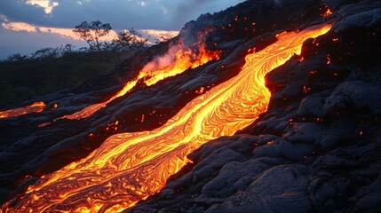 lava flowing on rough slope at night