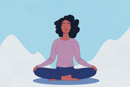 Woman meditating in lotus position against blue background