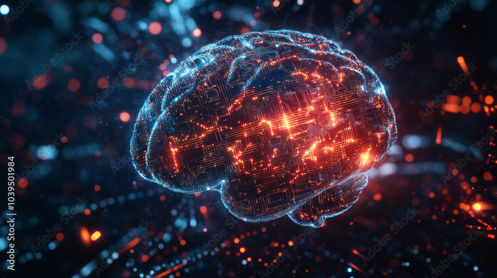 Poster a futuristic ai brain, made of circuits, is shown learning and solving problems. the background is a