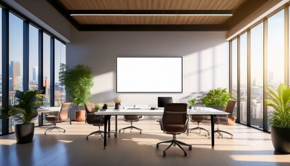 Fototapeta premium Stylish sunlit coworking office with blank white image frame, mockup. Generative AI