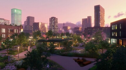 A modern city park with lush greenery, walking paths, and a scenic skyline at sunset.