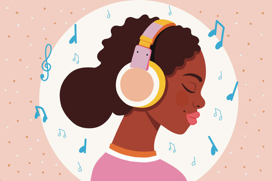 Woman with eyes closed listening to music through wireless headphones