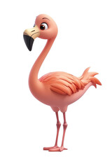 A 3D cartoon flamingo character, isolate on white background, with exaggerated features and bright colors. cutout png