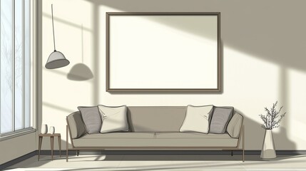 Minimalist, japandi style interior design of modern living room with sofa and frame.
