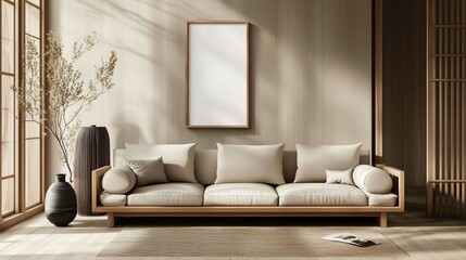Minimalist, japandi style interior design of modern living room with sofa and frame.
