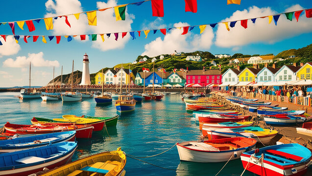 Colorful houses and boats line a harbor. Flags and a lighthouse are visible. Sunny day.