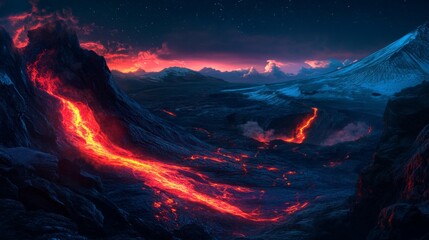 view of hot red magma flowing on dark mountainous surface at night time