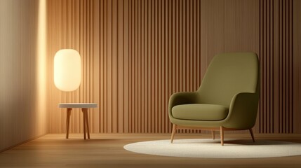 cozy modern living room interior with armchair and lamp