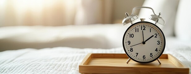 Morning wakeup with alarm clock on bedside table and person stretching in background.