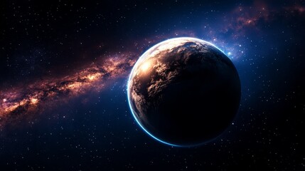 Obraz premium A planet with a spiral galaxy as backdrop, stars in the foreground