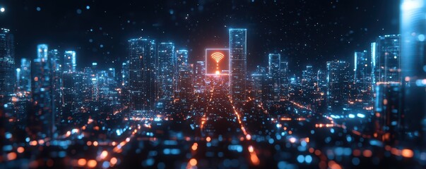 Obraz premium Vibrant metropolis bustling with life, illuminated by glowing 5G signals connecting the city.