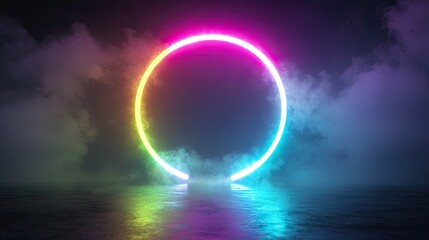 Abstract neon background. Glowing neon circle in dark room with smoke and smog. Empty scene for your design