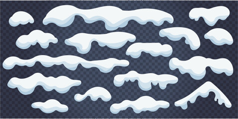 Cartoon christmas snow . Isolated vector set of snowballs and snowdrifts. Winter snowy decoration elements. Long and short icy roof framing, window corners, piles and stripes