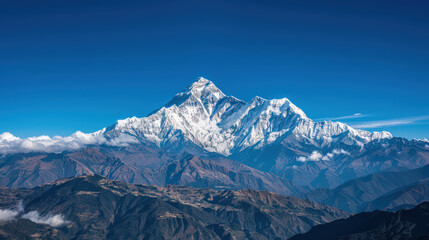 Fototapeta premium breathtaking snowy mountain range under clear blue sky, showcasing majestic peaks and valleys. serene landscape evokes sense of tranquility and awe