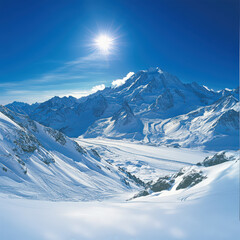 Obraz premium vast snowy mountain range under clear blue sky, showcasing majestic peaks and bright sun illuminating landscape. serene beauty evokes sense of tranquility and awe