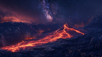 hot red magma flowing on dark mountainous surface at night time with Milky Way