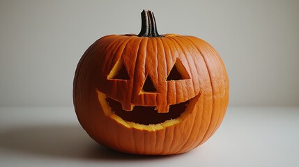 A classic jack-o'-lantern with a friendly grin, carved into a bright orange pumpkin.