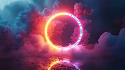 Obraz premium Abstract neon background. Glowing neon circle in dark room with smoke and smog. Empty scene for your design