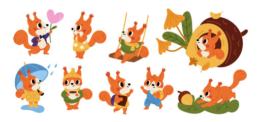 Cute squirrels. Funny little animals. Redhead fluffy mascots. Cartoon autumn forest characters. Happy mammal with backpack or umbrella. Different poses and actions. Garish vector set © VectorBum
