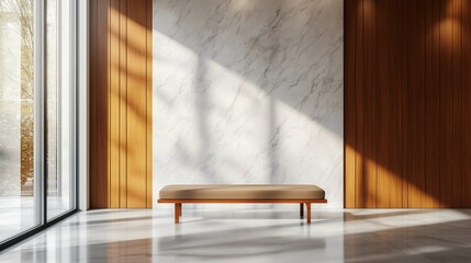 Fototapeta premium Wooden bench near marble stone wall and wood paneling in cozy hallway. Minimalist home interior design of modern entrance hall with big window 