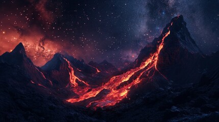 hot red magma flowing on dark mountainous surface at night time with Milky Way