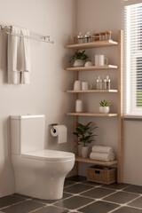 The interior design of a minimalist bathroom features a toilet near the window and decor.