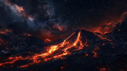 hot red magma flowing on dark mountainous surface at night time with Milky Way