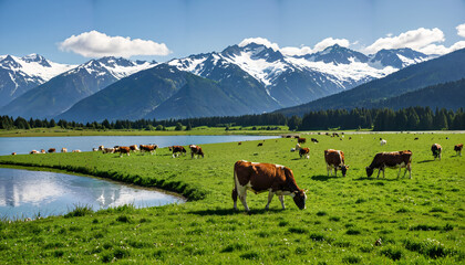 Fototapeta premium Paysage alpin avec vaches paissant
