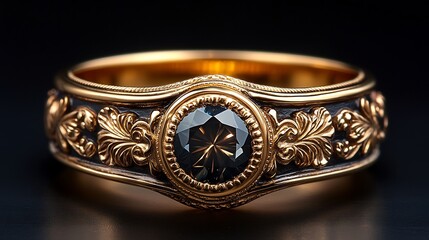 Antique gold ring with baroquestyle ornamentation set against a minimalistic black background showcasing the historical elegance of classic gold design