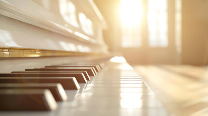 Close-up of the keys of a white piano in a sunlit room, creating a warm and inviting atmosphere.