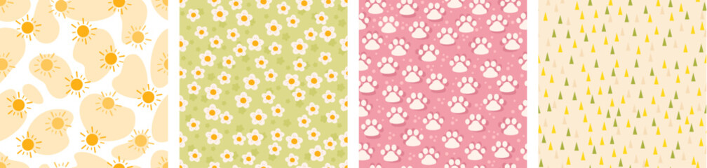 Cute simple seamless patterns. Repeated funny elements. Kids ornaments for nursery. Dog pawprint. Delicate colors. Abstract textile print. Sun or flowers. Recent vector backgrounds set