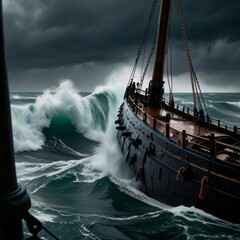 Obraz premium a ship is sailing in the ocean and the waves are crashing.