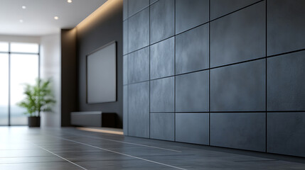 A modern interior design with a large tiled wall in a dark grey shade, showcasing a sleek and minimalist aesthetic.