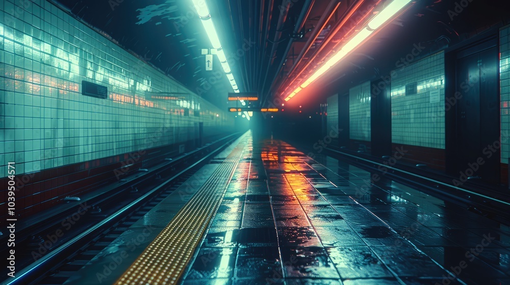 Poster an empty subway station late at night. the harsh, flickering neon lights cast a cold, creating long,