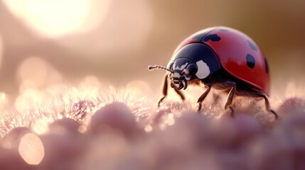 Fototapeta premium A ladybug up close on grassy terrain beneath a shining sun