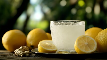  A glass of lemonade rests on the table, surrounded by lemons and a few extras