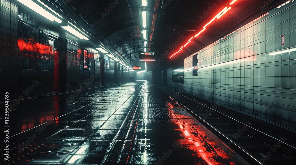 Poster an empty subway station late at night. the harsh, flickering neon lights cast a cold, creating long,