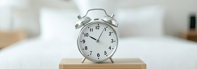 Woman waking up in bed with alarm clock on nightstand, bright morning light.