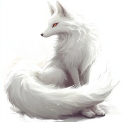 A majestic white fox with fluffy fur and striking orange eyes, sitting gracefully.