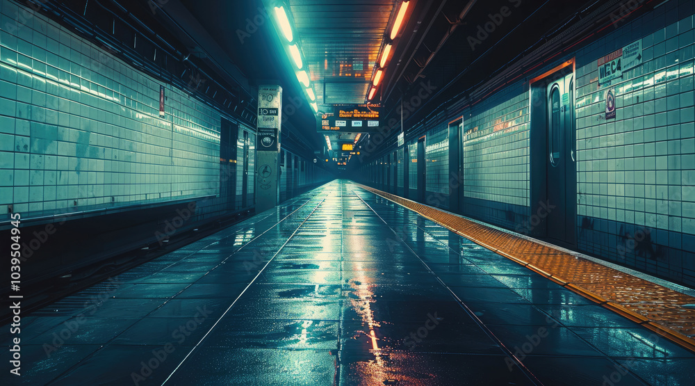 Poster an empty subway station late at night. the harsh, flickering neon lights cast a cold, creating long,