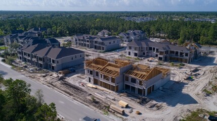 Fototapeta premium Aerial view of residential construction development with multiple homes in various stages of completion. 