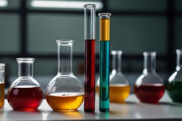 Test tubes and flasks with liquids in close-up on a monochrome background. Create a simple composition with copy text space elements.