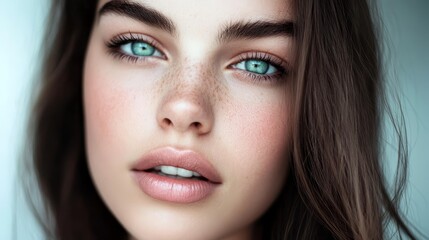 Obraz premium A tight shot of a woman's face adorned with freckles, some on her cheeks and others around her eyes