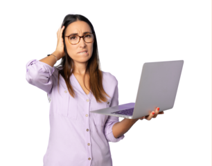 Young worried business woman wearing a purple shirt holding a laptop standing isolated.