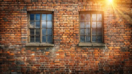 Sunbeams illuminate two weathered windows set into a brick wall, creating a sense of timelessness and the passage of light.
