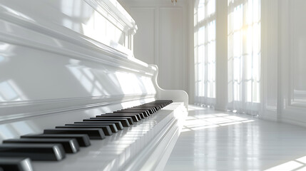 A pristine white grand piano sits bathed in sunlight streaming through large windows, its sleek lines and black keys creating a stark contrast against the bright background.